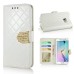 Bright Color Sheepskin Bling Rhinestone Decorated Leather Case Stand Cover with Card Holder for Samsung Galaxy S6 Edge - White