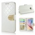 Bright Color Sheepskin Bling Rhinestone Decorated Leather Case Stand Cover with Card Holder for Samsung Galaxy S6 G920 - White