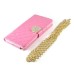 Luxury Bing Golden Metal Strip Rhinestone Stand Case Leather Cover Wallet For Samsung Galaxy Note 4 - Pink