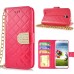 Luxury Bing Golden Metal Strip Rhinestone Stand Case Leather Cover Wallet For Samsung Galaxy S4 - Magenta