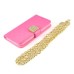 Luxury Bing Golden Metal Strip Rhinestone Stand Case Leather Cover Wallet For Samsung Galaxy S4 - Pink