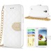 Luxury Bing Golden Metal Strip Rhinestone Stand Case Leather Cover Wallet For Samsung Galaxy S4 - White