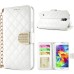 Luxury Bing Golden Metal Strip Rhinestone Stand Case Leather Cover Wallet For Samsung Galaxy S5 G900 - White