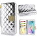 Luxury Sheepskin Rhinestone Magnetic Stand Leather Wallet Case with a Strap for Samsung Galaxy S6 Edge - Silver
