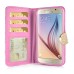 Luxury Sheepskin Rhinestone Magnetic Stand Leather Wallet Case with a Strap for Samsung Galaxy S6 G920 - Pink