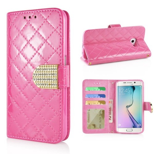 Bright Color Sheepskin Bling Rhinestone Decorated Leather Case Stand Cover with Card Holder for Samsung Galaxy S6 Edge - Pink