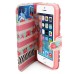 Colorful Picture Printed Pink White Stripes Wallet Card Slot Stand Leather Case For iPhone 5 / 5s