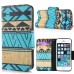 Fashion Colorful Drawing Printed Blue Brown Tribe PU Leather Flip Wallet Stand Case With Card Slots For iPhone 5 / 5s