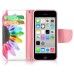 Fashion Colorful Drawing Printed Rainbow Flower PU Leather Flip Wallet Stand Case With Card Slots For iPhone 5c