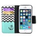 Fashion Colorful Drawing Printed Waves Blue Anchor PU Leather Flip Wallet Stand Case With Card Slots For iPhone 5 / 5s