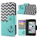 Fashion Colorful Drawing Printed Waves Blue Anchor PU Leather Flip Wallet Stand Case With Card Slots For iPhone 5c