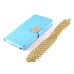 Luxury Bing Golden Metal Strip Rhinestone Stand Case Leather Cover Wallet For Samsung Galaxy Note 4 - Blue