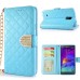 Luxury Bing Golden Metal Strip Rhinestone Stand Case Leather Cover Wallet For Samsung Galaxy Note 4 - Blue