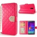 Luxury Bing Golden Metal Strip Rhinestone Stand Case Leather Cover Wallet For Samsung Galaxy Note 4 - Magenta