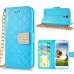 Luxury Bing Golden Metal Strip Rhinestone Stand Case Leather Cover Wallet For Samsung Galaxy S4 - Blue