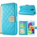 Luxury Bing Golden Metal Strip Rhinestone Stand Case Leather Cover Wallet For Samsung Galaxy S5 G900 - Blue