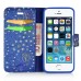 Luxury Diamond Glitter Bling Roses PU Leather Flip Wallet Stand Case With Card Slots For iPhone 5 / 5s - Blue