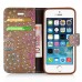 Luxury Diamond Glitter Bling Roses PU Leather Flip Wallet Stand Case With Card Slots For iPhone 5 / 5s - Brown