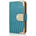 Luxury Lizards Pattern Bling Rhinestone And Golden Metal Pattern Decorated Folio Wallet Leather Case For iPhone 4 iPhone 4s - Blue