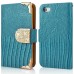 Luxury Lizards Pattern Bling Rhinestone And Golden Metal Pattern Decorated Folio Wallet Leather Case For iPhone 4 iPhone 4s - Blue