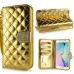 Luxury Sheepskin Rhinestone Magnetic Stand Leather Wallet Case with a Strap for Samsung Galaxy S6 Edge - Gold