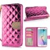 Luxury Sheepskin Rhinestone Magnetic Stand Leather Wallet Case with a Strap for Samsung Galaxy S6 Edge - Pink