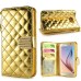 Luxury Sheepskin Rhinestone Magnetic Stand Leather Wallet Case with a Strap for Samsung Galaxy S6 G920 - Gold