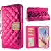 Luxury Sheepskin Rhinestone Magnetic Stand Leather Wallet Case with a Strap for Samsung Galaxy S6 G920 - Magenta