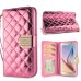 Luxury Sheepskin Rhinestone Magnetic Stand Leather Wallet Case with a Strap for Samsung Galaxy S6 G920 - Pink