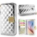 Luxury Sheepskin Rhinestone Magnetic Stand Leather Wallet Case with a Strap for Samsung Galaxy S6 G920 - Silver