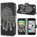 New Arrive Fashion Colorful Drawing Printed Black White Dreamcatcher PU Leather Flip Wallet Stand Case With Card Slots For iPhone 5c