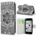 New Arrive Fashion Colorful Drawing Printed Black White Flower PU Leather Flip Wallet Stand Case With Card Slots For iPhone 5c