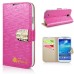 Small Check Pattern Rhinestone Decorated Magnetic Snap Leather Folio Stand Case With Card Slots For Samsung Galaxy S4 - Magenta