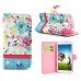 Sweet Floral Pattern Rhinestones Decorated Stand Leather Folio Case With Card Slots For Samsung Galaxy S4 - Cyan Flowers