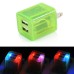 US Plug Dual Port USB Power Home Travel Charger Adapter with Flashing Light for iPhone iPad iPod Samsung - Fluorescent Green